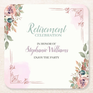 Women Floral Classic Elegant Retirement Party Square Paper Coaster