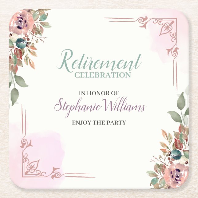 Women Floral Classic Elegant Retirement Party Square Paper Coaster (Front)