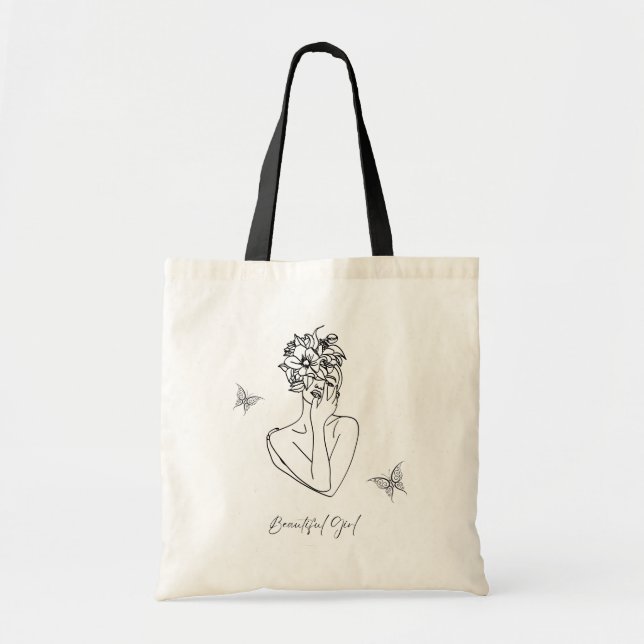 Women Flower Butterfly Face Portrait Beautiful Tote Bag (Front)