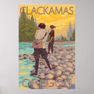 Women Fly Fishing - Clackamas, Oregon Poster