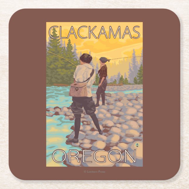 Women Fly Fishing - Clackamas, Oregon Square Paper Coaster (Front)