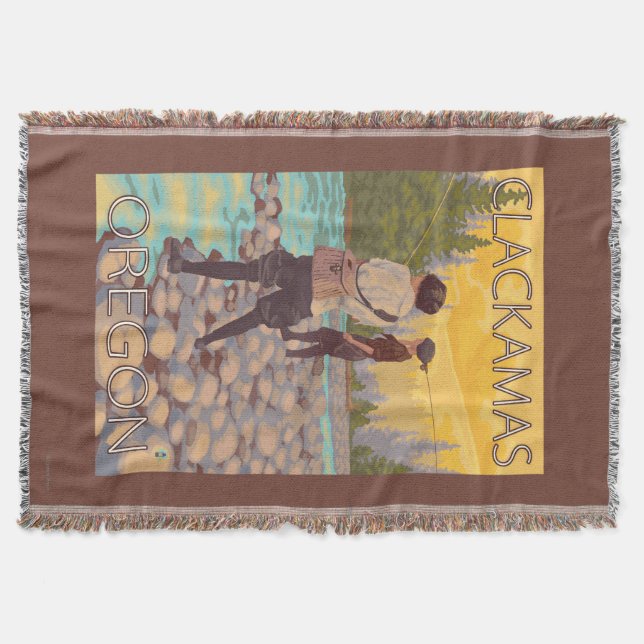 Women Fly Fishing - Clackamas, Oregon Throw Blanket (Front)