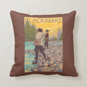 Women Fly Fishing - Clackamas, Oregon Throw Pillow