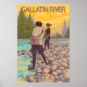 Women Fly Fishing - Gallatin River, Montana Poster