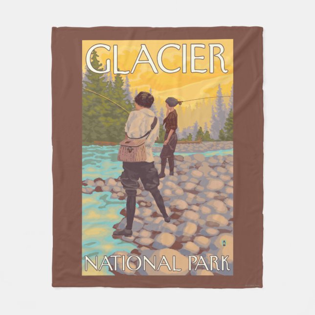 Women Fly Fishing - Glacier National Park, MT Fleece Blanket (Front)