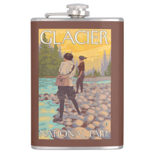 Women Fly Fishing - Glacier National Park, MT Hip Flask