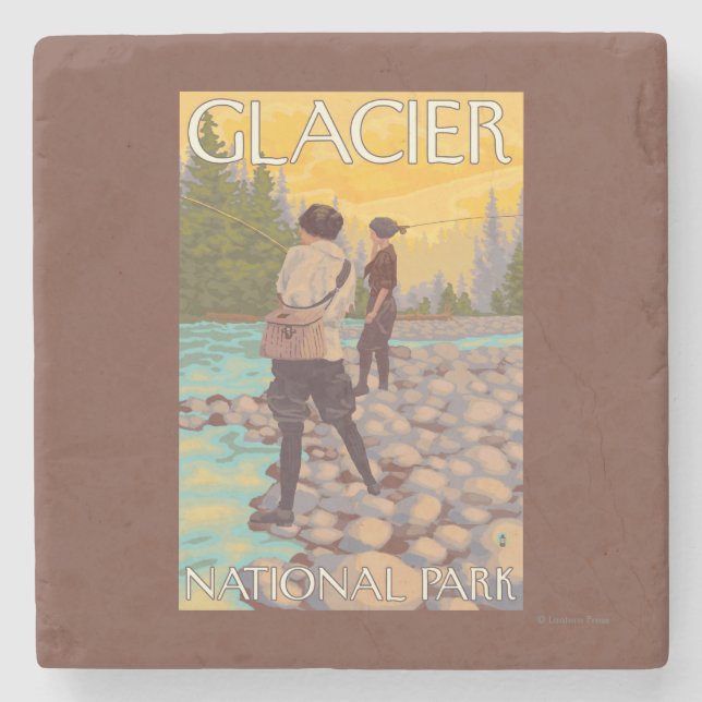 Women Fly Fishing - Glacier National Park, MT Stone Coaster (Front)