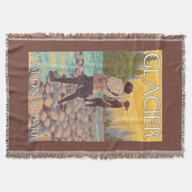 Women Fly Fishing - Glacier National Park, MT Throw Blanket (Front)