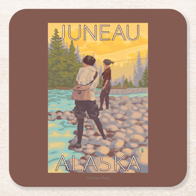 Women Fly Fishing - Juneau, Alaska Square Paper Coaster (Front)
