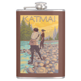 Women Fly Fishing - Katmai, Alaska Hip Flask