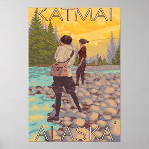 Women Fly Fishing - Katmai, Alaska Poster