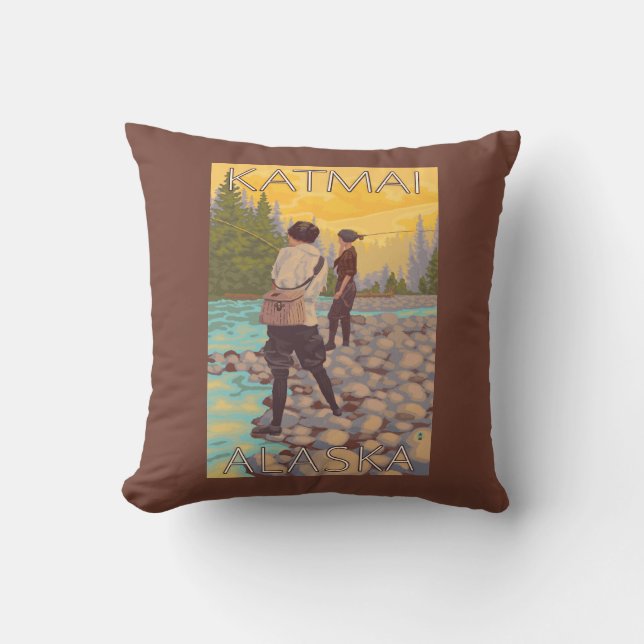 Women Fly Fishing - Katmai, Alaska Throw Pillow (Front)