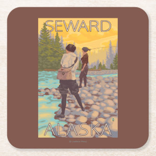 Women Fly Fishing - Seward, Alaska Square Paper Coaster