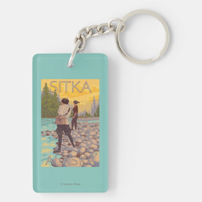 Women Fly Fishing - Sitka, Alaska Keychain (Back)