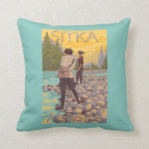 Women Fly Fishing - Sitka, Alaska Throw Pillow