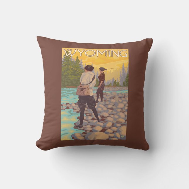 Women Fly Fishing - Wyoming Throw Pillow (Front)