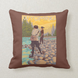 Women Fly Fishing - Wyoming Throw Pillow