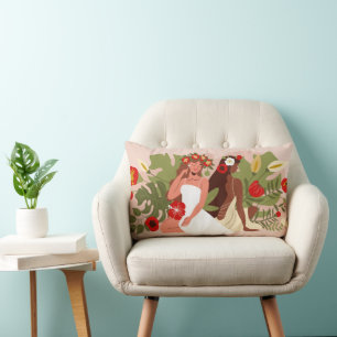 Women Friends Sisters, Red Flowers & Tropical Leaf Lumbar Pillow
