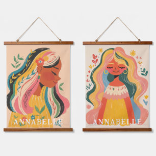 Women Girls Boho Floral Illustration First Name Hanging Tapestry