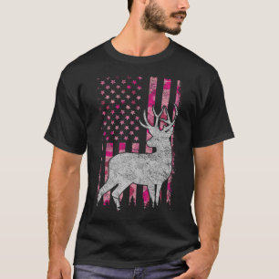 Women Girls Patriotic Pink Camo Usa Flag Deer Hunt T-Shirt