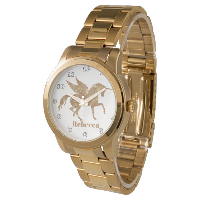 Women golden unicorn add name watch (Angled)