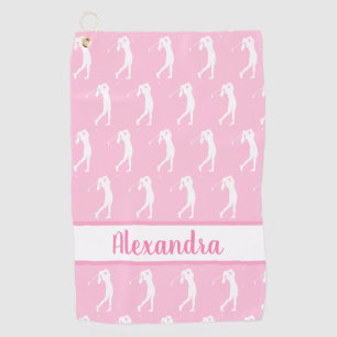 Women Golfer Pattern Pink White Name Personalized Golf Towel