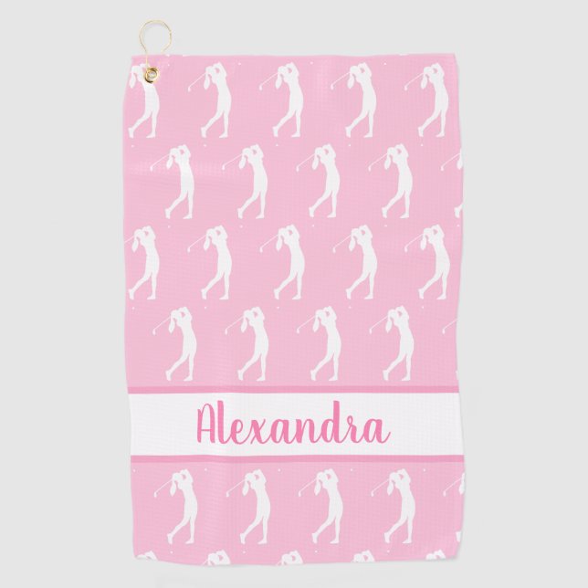 Women Golfer Pattern Pink White Name Personalized Golf Towel (Front)