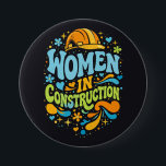 Women In Construction Retro Empowerment 3 Inch Round Button<br><div class="desc">Bold retro lettering with colorful helmet,  hearts and floral accents celebrating women in construction. A vibrant empowerment statement for female builders,  tradeswomen and strong women in skilled trades.</div>