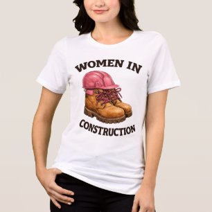 Women in Construction Work Boots and Hard Hat Tri-Blend Shirt