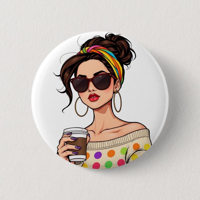 Women in LGBTQ Rainbow Bandana with Coffee 2 Inch Round Button (Front)