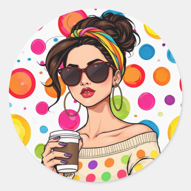 Women in LGBTQ Rainbow Bandana with Coffee Classic Round Sticker (Front)