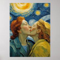 Women in Love Kissing Starry Night