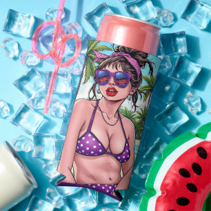 Women in Purple Bikini and Bandanna at Beach Seltzer Can Cooler