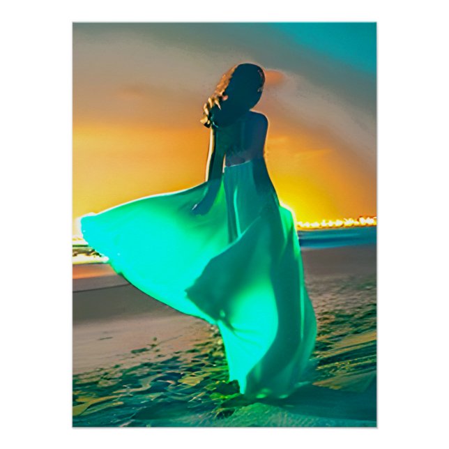 Women in Turquoise Blue on a Night Beach  Poster (Front)