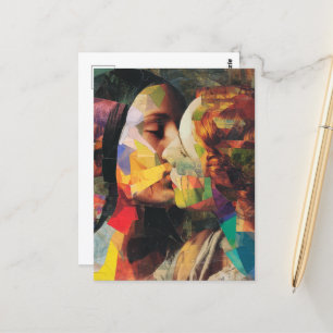 Women Kissing Colourful Mixed Media Collage Postcard