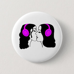 Women Kissing Wearing Headphones 2 Inch Round Button