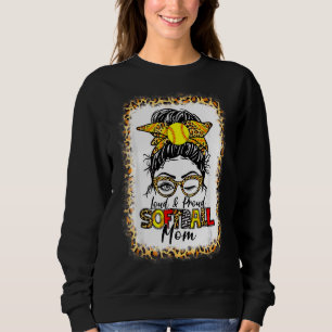 Women Loud & Proud Softball Mom Messy Bun Leopard  Sweatshirt