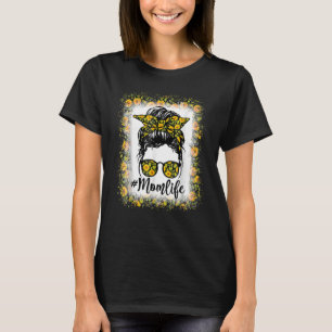 Women Mom Life Bleached Messy Bun Sunflower Mother T-Shirt