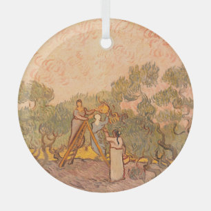 Women Picking Olives by van Gogh: Glass Ornament
