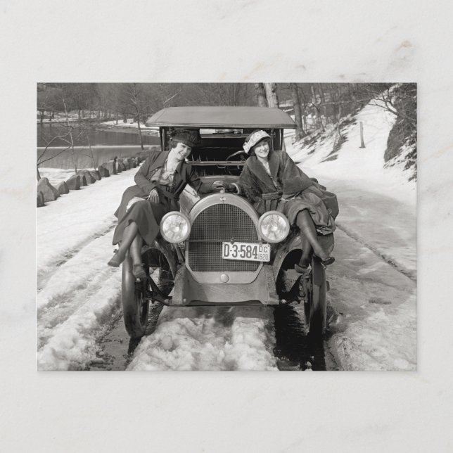 Women Posing On Automobile, 1920 Postcard (Front)