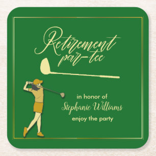 Women Retirement Golf Party Classic Green Golden  Square Paper Coaster