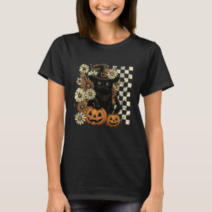 Women Retro Black Cat Witch Scary Halloween Pumpki T-Shirt
