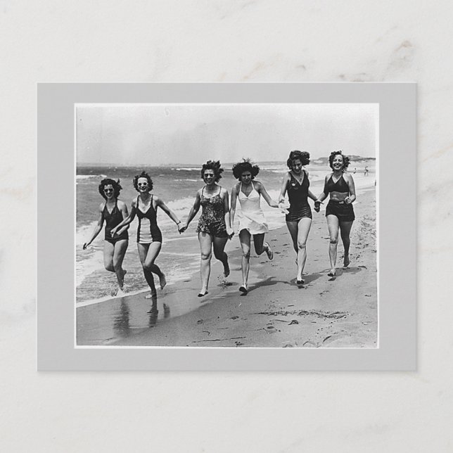 Women run on the beach, 1940s postcard (Front)