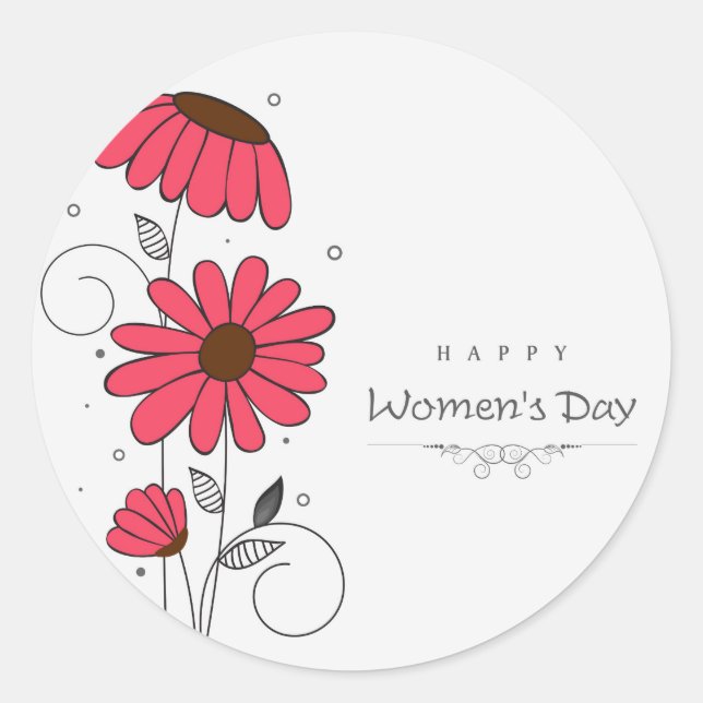Women’s day and drawn of pink flowes  with circles classic round sticker (Front)