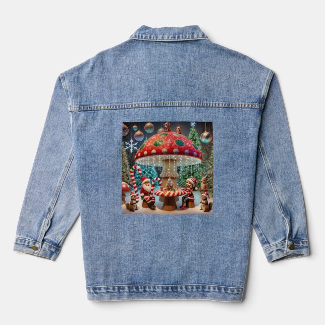 Women’s Denim Jacket: Christmas Mushroom Design Jacket (Back)