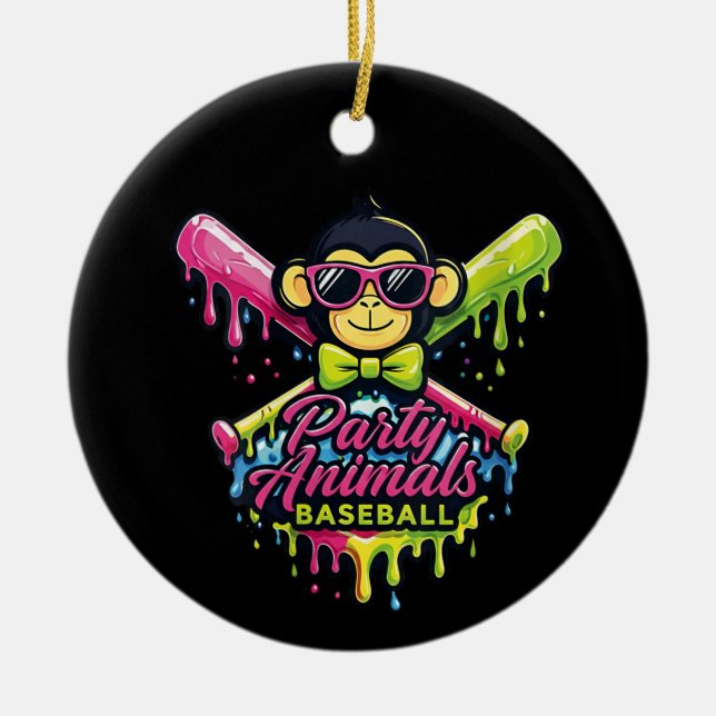 Women’s Party Animals Baseball Funny Monkey  Ceramic Ornament (Front)