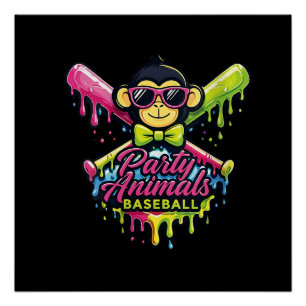 Women’s Party Animals Baseball Funny Monkey Poster