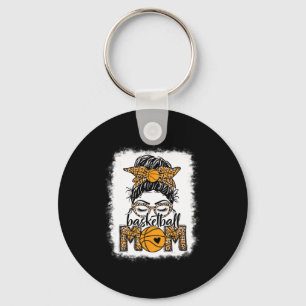 Women Sketll Mom Game Day Messy Bun Leopard Bleach Keychain