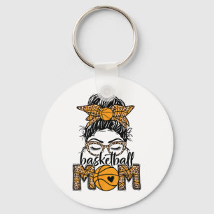 Women Sketll Mom Game Day Messy Bun Leopard Bleach Keychain