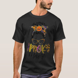 Women Spooky Mama Messy Bun Pumpkin Halloween  T-Shirt